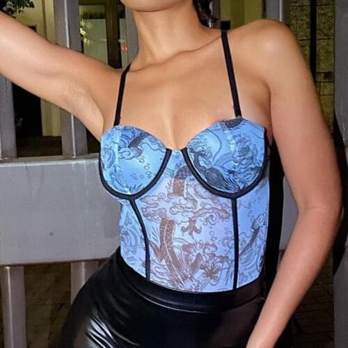 BKLD 2021 Early Spring Summer New Arrival Spaghetti Strap Camisole Sexy Mesh Sheer Dragon Print Slim Women Casual Crop Top Vest