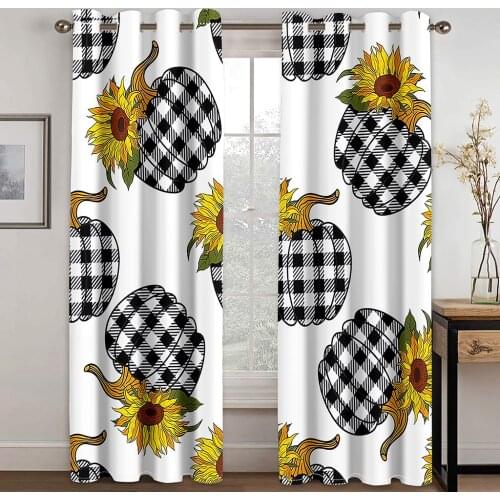 3D Black and White Grid Sunflower Pattern Blackout Curtain Set Hook, Suitable for Home Curtains In Living Room and Bedroom