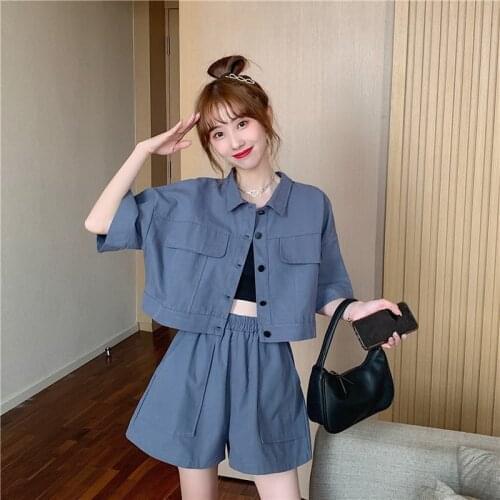 2021 Womens Summer New Style Net Celebrity Fashion Western Reduced Age And Thin Overalls Shirt Shorts Two-Pieces Ladies Suits