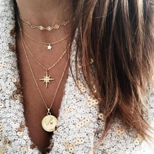 New Fashion Jewelry Necklace Womens Gold Necklace Multi-layer Star Human Coin Pendant Punk Statement Necklace Wholesale