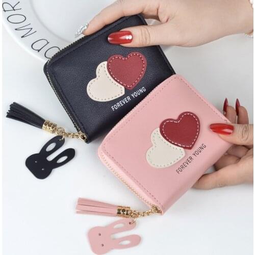 New Casual Women Purse Cute Hearts Girl Short Wallet Card Holder Ladies Clutch PU Leather Coin Purse Zipper Billfold Pocket Bags
