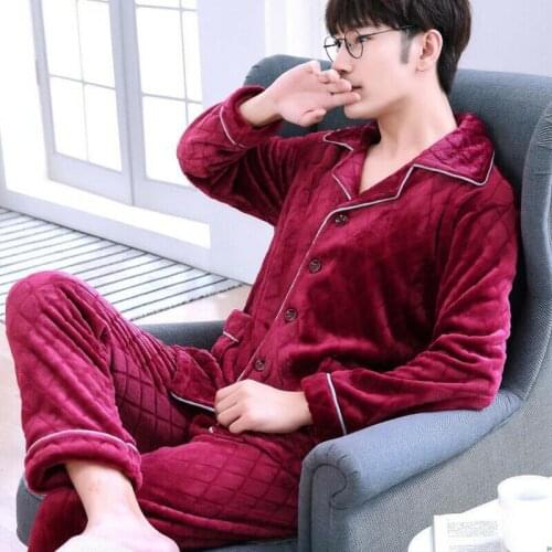 Sleepwear 2Pc Set Winter Mens Sherpa Flannel Pajamas Tops Pants Warm Plush Robes Thickened Mens Home Wear Suit Plus Size