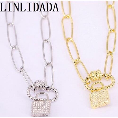 4Pcs Clear Zirconia Paved Lock & Oval Clasps Buckle Oval Chains Necklace Gold Metal Chains Necklace