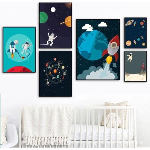 Nordic Poster Space Nursery Posters For Boys Astronaut Rocket Canvas Painting Wall Art Moon Wall Pictures For Baby Bedroom Decor