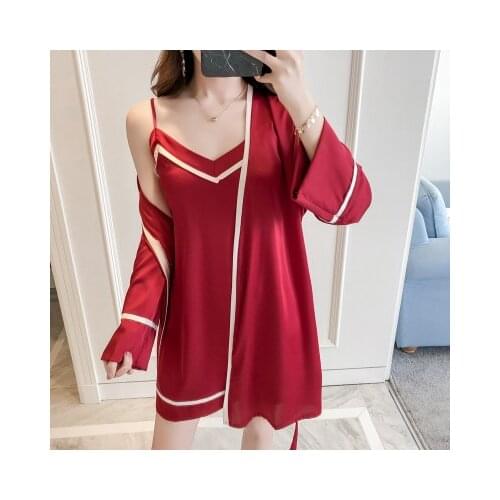 Daeyard Luxury Womens Robe Gown Set Silk Robe And Nightdress 2 Pieces Pajamas Natural Sleepwear Sexy Nightwear Home Clothes
