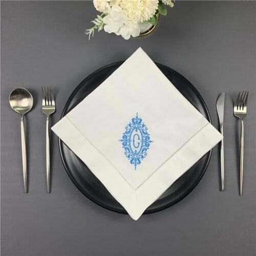 Napkins Monogrammed Dinner Napkins White linen Hemstitch Table Napkins 20"x20"Ladder Embroidered Initial C Tea Napkins