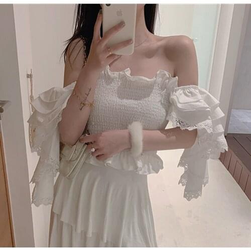Women Feminine Slash Neck Ruched Patchwork Lace Ruffles Short Blouse Top Summer Chic Tube Top