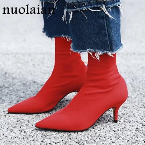 2019 Winter Women Boot Stretch Fabric Ankle Boots 6CM High Heels Snow Boots Woman Autumn Bottine Ladies Motorcycle Boot