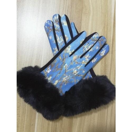 Van Gogh Oil Painting Fur Glove Luxury Brand Apricot Floral Print Touch Screen Guantes Women’s Suede Leather Motorcycle Gloves