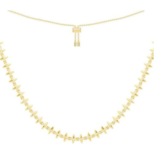 SLJELY High Quality 925 Sterling Silver Yellow Gold Color Spike Rivet Necklace Micro Zirconia Women Fashion Puck Rock Jewelry