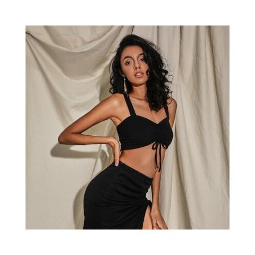 Women Summer Crop Tops Solid Color V-Neck Sleeveless Sling Vest with Drawstring for Girls Black