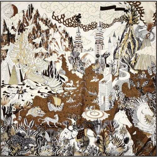 POBING Manual Hand Rolled Twill Silk Scarf Women Sky City Print Square Scarves Echarpes Foulards Femme Wrap Bandana Hijab 90CM