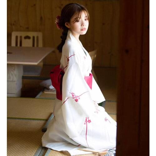 Womens Kimono Robe Traditional Japan Yukata white Color flowersl Prints Summer Dress Performing Wear Cosplay Clothing