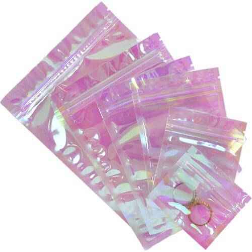 100Pcs Rainbow Transparent Symphony Ziplock Bag Cosmetic Plastic Laser Zipper Iridescent Zip lock Bags