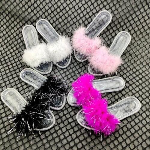 2021 Fashion Sexy Roman Rhinestone Transparent Jelly Feather Flat Open Toe Outdoor Female Slippers Plus Size