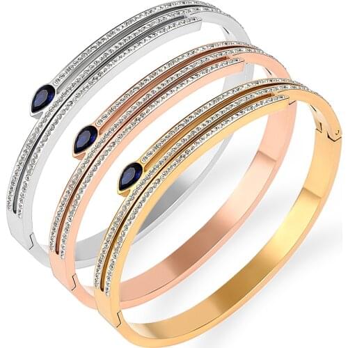 2021 New Stainless Steel Strip Flat With Crystals Bangles Bracelets for Women Party Brand Pulseiras Geometry Jewelry