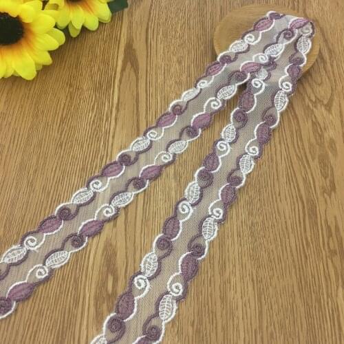 3.2cm width White with purple flower mesh double side embroidery sewing lace trim guipure fabric ribbon craft DIY-TL