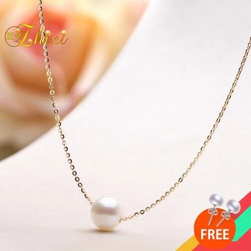 ZHIXI Genuine 18K Gold Natural FreshWater Pearl Pendant Necklace Pure AU750 Chain Round Pearl For Women Party Fine Jewelry 2020