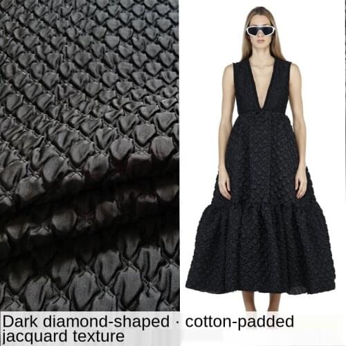 Designer sewing jacquard fabric diamond dark pattern thick jacquard quilted dress windbreaker cotton jacket pure black fashion