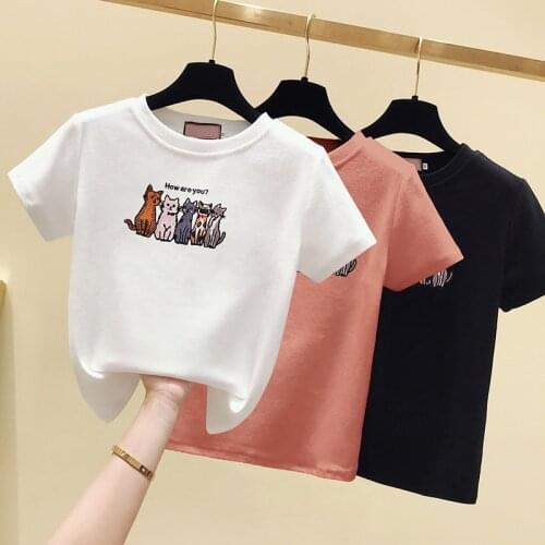 White T shirt Women Tops Summer Vintage Short Sleeve Tshirt Woman Clothes Korean Cat Embroidery Pink 2020 Fashion Tee Shirt Lady