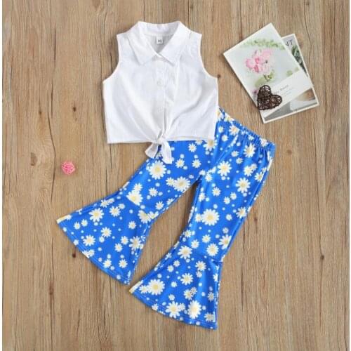 2 Pieces Kids Suit Set Girls Solid Color Peter Pan Collar Sleeveless Vest Tops Floral Flared Trousers Summer Children Clothing