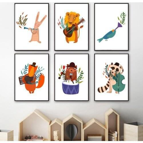 Rabbit Lion Fox Bear Raccoon Accordion Drum Wall Art Canvas Painting Nordic Posters And Prints Wall Pictures Kids Room Decor