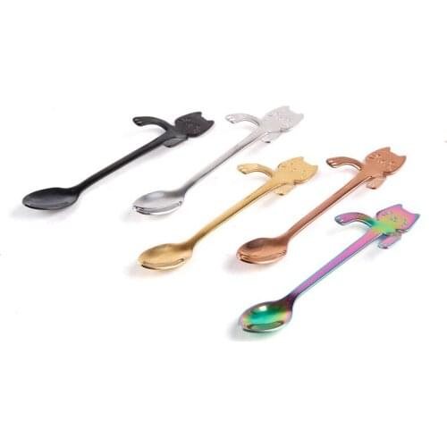 Metal silver spoons gold for coffee mini cute hanging cat dessert spoon long handled ice cream spoon stainless steel cats