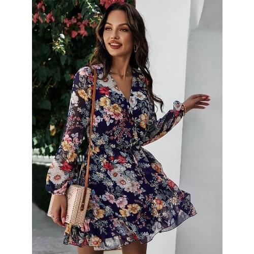 Floral Mini Womens Dress Sexy V Neck Long Sleeve Ruffle Chiffon Spring Boho Slim Beach Sundress Night Dress Women Fall Clothing
