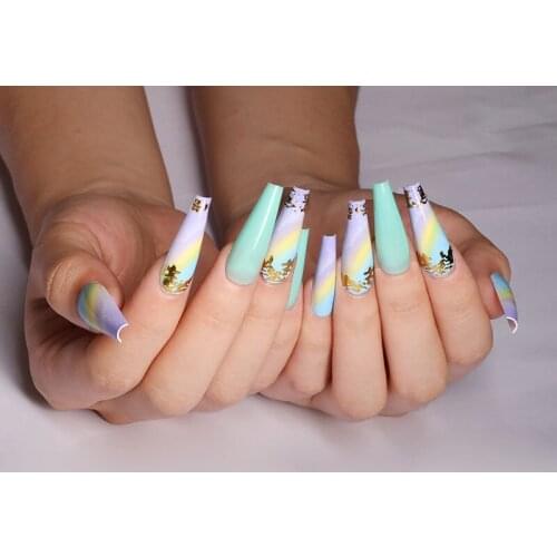 24pcs/Set Fashion Foils Decal Fake Nails Long Colorful Green Purple Full Cover Artificial Ballerina Nail Art Tips with Glue