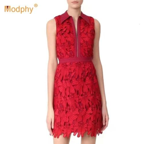 2020 Summer New WomenS Fashion Mini Dress Vestidos Sexy Lapel Sleeveless Zipper Hollow Embroidery Celebrity Club Party Dress