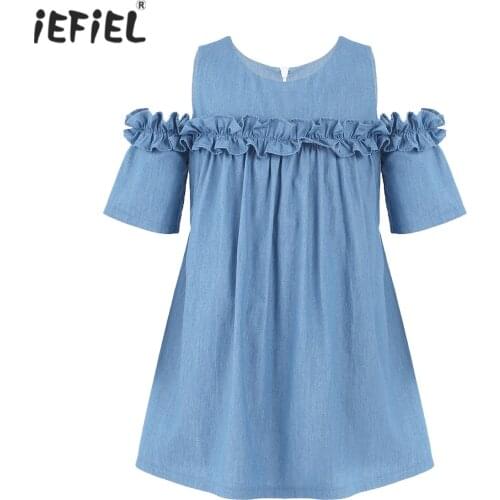 New Summer Kids Dresses For Girls Short Sleeve Off Shoulder Ruffles Denim Dress Casual Party Princess Dress Children Clothing