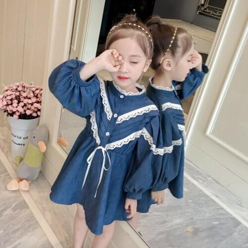 Girls Dress 2018 Autumn Korean Lace Stitching Denim Dress for Baby Girls Children Princess Party Dress Girl Long Sleeve Dresses