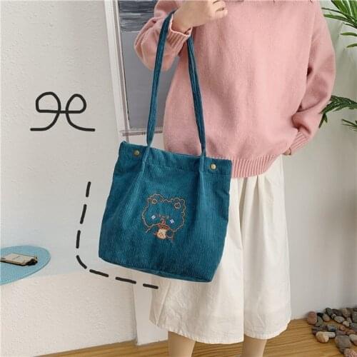 Cute Corduroy Women Shoulder Shopping Bag Cartoon Canvas Large Female Handbag 2021 Cotton Cloth Schoolbag Eco Shopper with Print