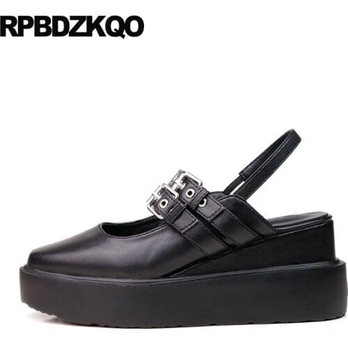 Ladies thick sole slingback chinese creepers platform shoes wedge summer women elevator muffin metal black square toe size 33