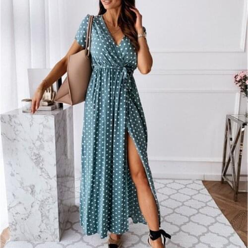 Women Dresses Summer 2021 Fashion Sexy V-Neck Polka Dot Print Split Boho Dress Women Clothing Casual Beach Vacation Long Dresses