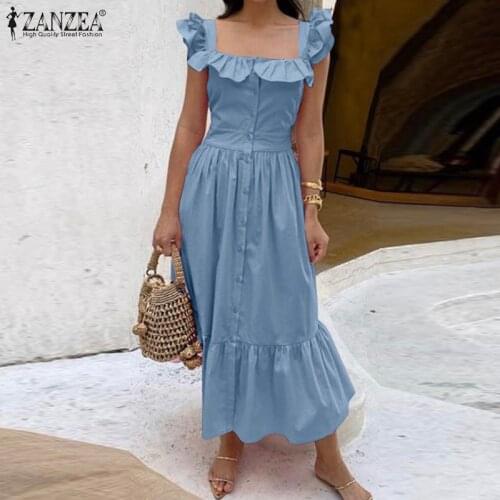Womens Summer Sundress 2021 ZANZEA Stylish Straps Ruffle Dress Button Maxi Vestidos Femlae Square Neck Robe Femme Plus Size