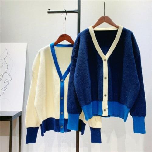 2021 Autumn Women Cardigans Color Patch Women V-Neck Single Breasted Knitted Sweater Female Cardigans Fruit Print Outwear