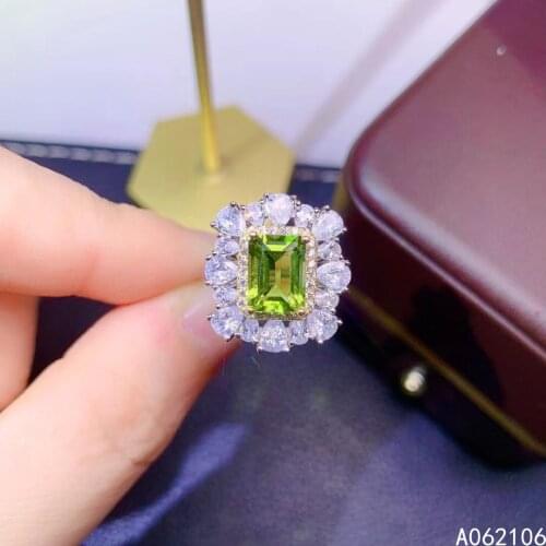 925 Pure Silver Chinese Style Natural Peridot Womens Luxury Exquisite Rectangle Adjustable Gem Ring Fine Jewelry Support Detect
