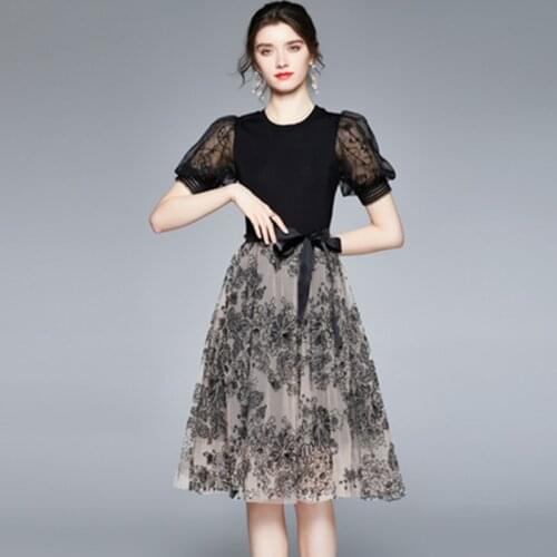 Runway Women Luxury Sequin Summer Dress New Elegant Mesh Splicing Puff Sleeve Femme Vintage Designer Bow Black Dresses Vestidos