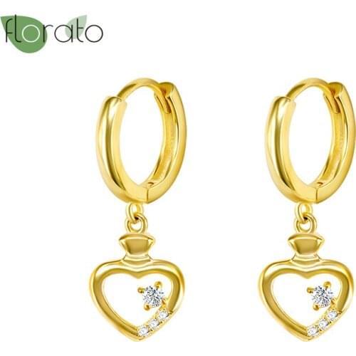 925 Sterling Silver Heart Shape Pendant Earrings Crystal Fashion Jewelry Women Simple Lovely Gold Earrings Hoops Bijoux Femme