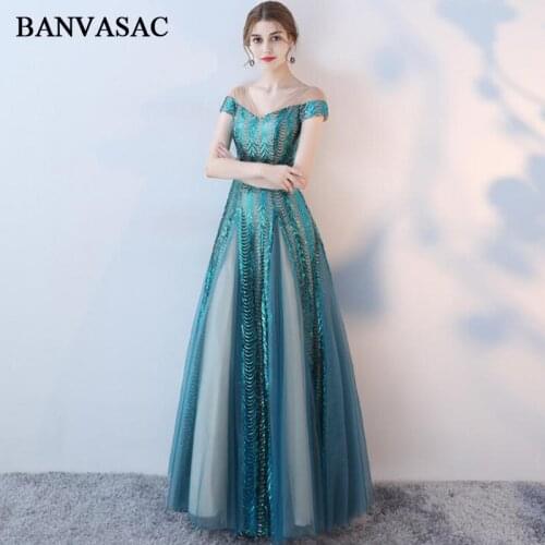 BANVASAC 2018 V Neck Illusion Lace A Line Long Evening Dresses Elegant Sequined Party Short Sleeve Prom Gowns