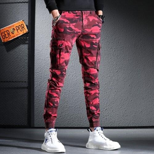 Red Camouflage Cargo Pants Men Hip Hop Streetwear Tactical Multi Pocket Cotton Trousers