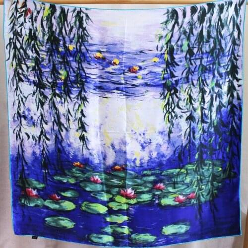 Pure Silk Scarf Women Bandana Female Hair Scarf Luxury Handkerchief Womens Natural Silk Square Headband Neck Scarf water lily