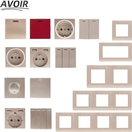 Avoir Light Switch Electrical Sockets DIY Power Button Wall Switch Outlets EU USB 220v Golden Brushed Aluminum Alloy Wall Panels