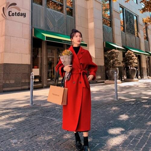 Cotday Long Double Breasted Winter Warm Red New Korean Version Loose Women Thickened Over The Knee Overcoat Woolen Blend Coat