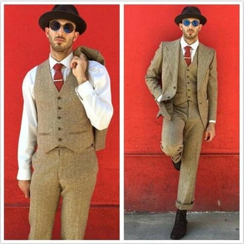 Personal Tailor Vintage Wool Tweed Three-Piece Brown Khaki Small Herringbone Suit Custom Slim Fit Men Suit