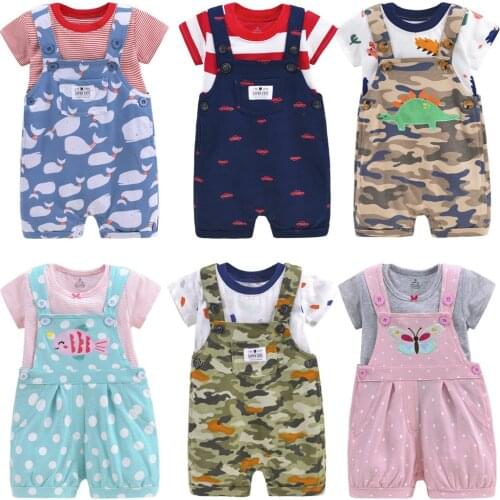 Brand Newborn-24M Girls Baby Clothes Summer Baby Girls Romper Cute Girls Cartoon short Overalls Suit Cotton O-neck 2pc Baby Sets