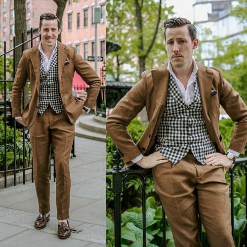 Summer Brown Linen Mens Suits Peaked Lapel 2 Pieces Groom Wear For Wedding Formal Party Prom Blazer Suit
