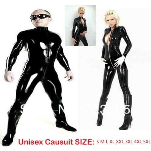 XXL Plus Size Unisex Faux Leather Costume Men Women Couple Costume Long Sleeves Jumpsuit Rubber Flexible Sexy Latex Catsuit