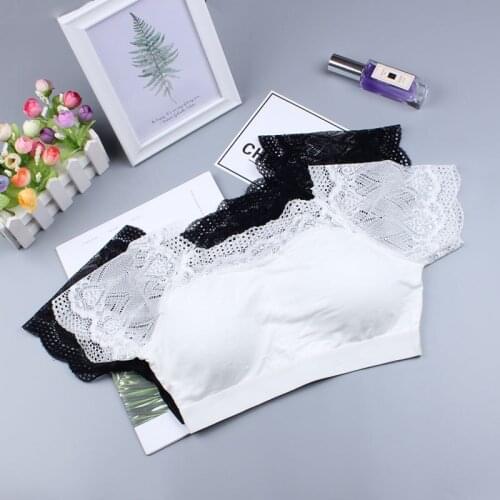 Short-sleeved lace vest with sleeves anti-glare female tube top sexy wild wrapped chest tube top sponge pad without steel ring